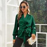 Pure Silk Blouse For Womens 22MM Silk Shirts Silk Long Sleeves Top With A Belt - slipintosoft