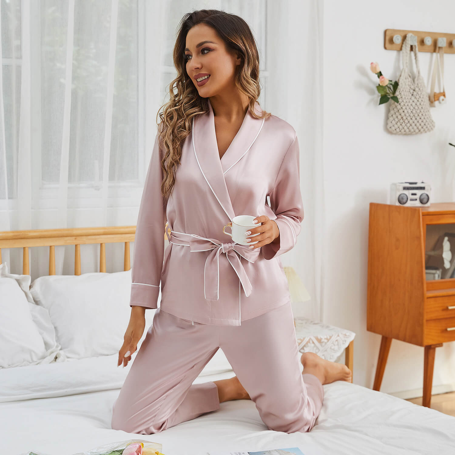 Silk Robe And Pajama Set For Women 2 Piece Long Ladies Silk Pajamas Nightwear - slipintosoft