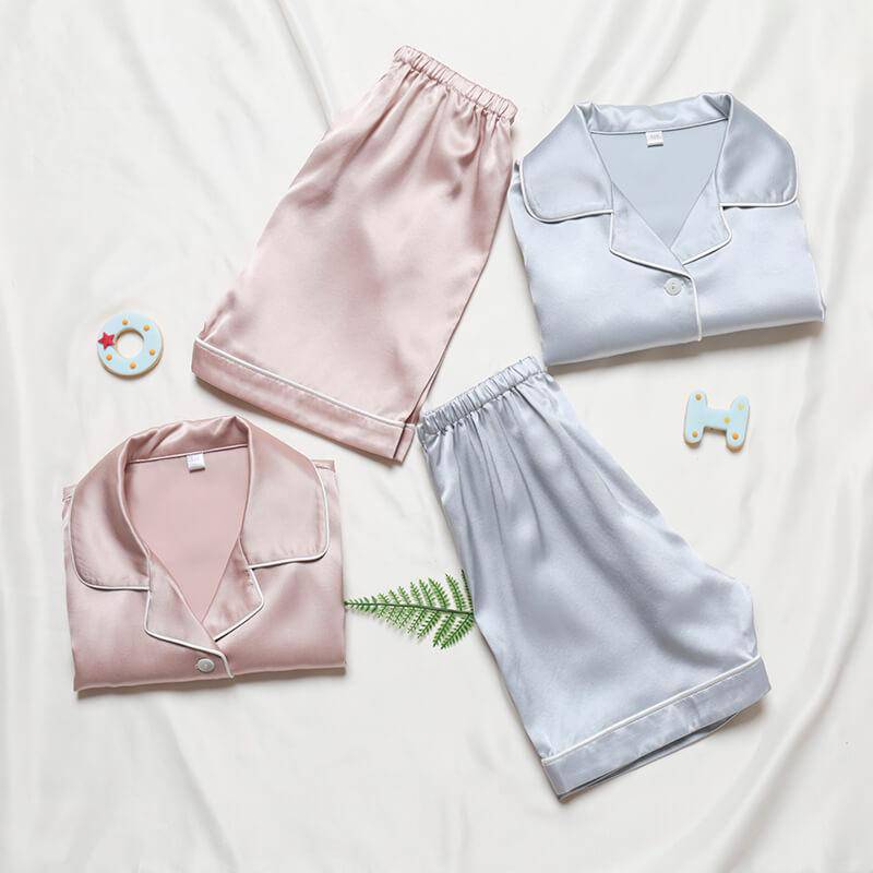 Girls Short Silk Pajamas Set Children's Fashion Home Wear White Trimmi