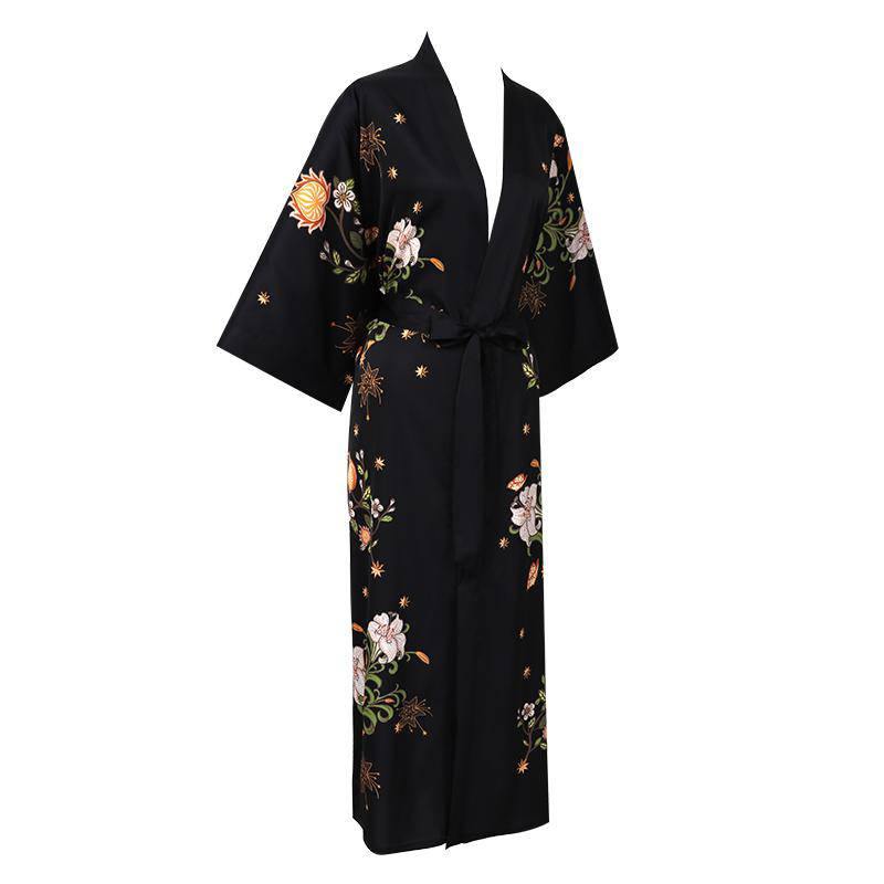 Robe kimono longue en soie de luxe imprimés de fleurs de cerisier noir avec ceinture toutes tailles