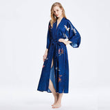 Long 100% Silk Kimono Robe Dark Blue Floral Printed  Women High Waist  Elegant Sleepwear Fancy Night Wears All Sizes -  slipintosoft