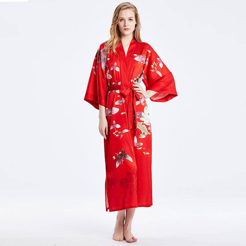 Long 100% Silk Kimono Robes lotus silk clothes Red Lotus Personalized Bride Japanese High Waist Sleepwear for Women -  slipintosoft