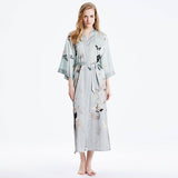 100% Long Mulberry Silk Kimono Robe Elegant Blue Butterfly Design for Women -  slipintosoft