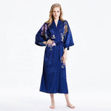 100% longues robes de kimono en soie bleu foncé pivoine peinture chinoise sexy femmes vêtements de nuit
