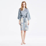 100% Short Silk Kimono Robe Blue Hand Painted Cherry Blossoms for Ladies -  slipintosoft