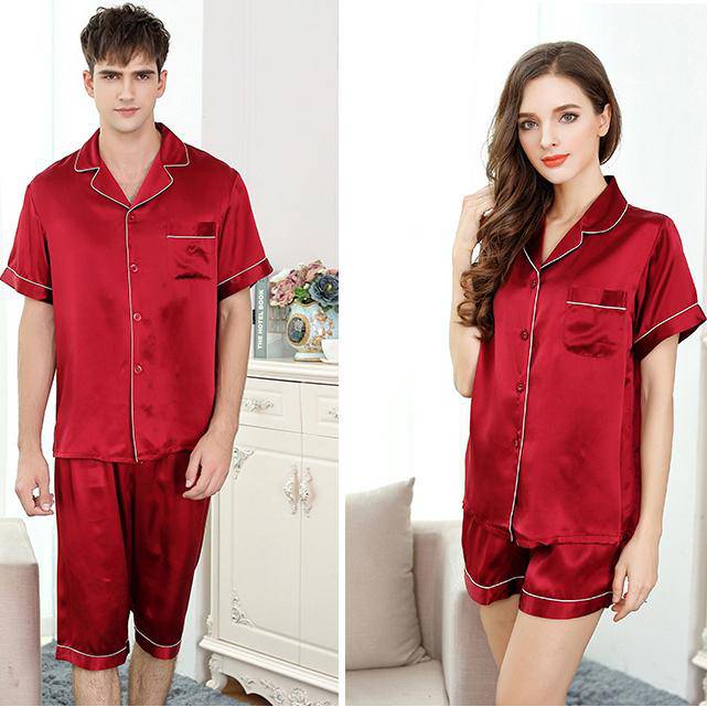Short Silk Couple Pajamas Sets Silk Matching Pajamas for Women and Men -  slipintosoft