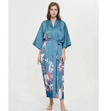 Robe Kimono Femme 100% Soie Imprimé Floral Bleu Manches 3/4 Peignoirs Japonais Toutes Tailles