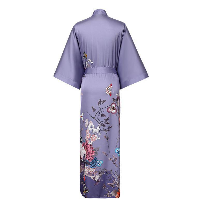 Women's Long Purple Silk Kimono Robe with Sash Colorful Blossoms and Butterflies Paints All Sizes - slipintosoft