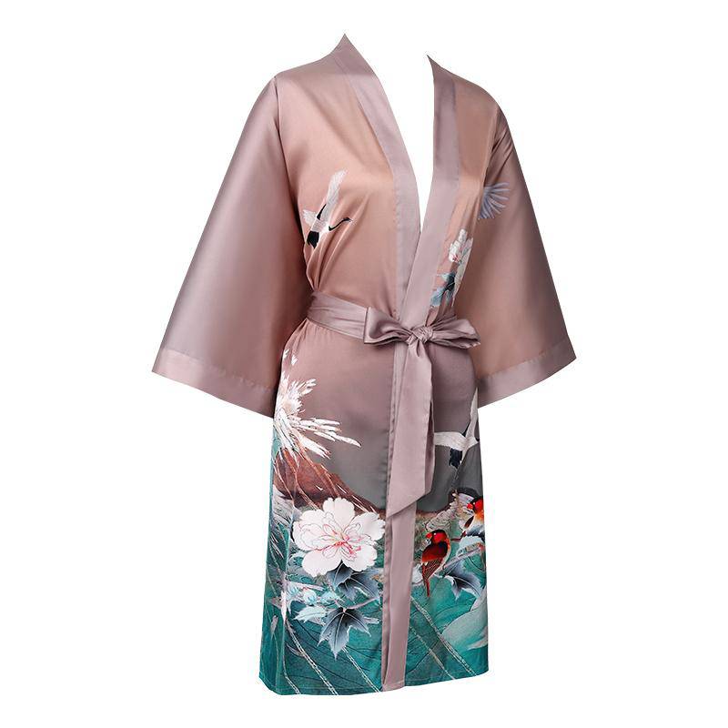 Women's Short Pink Silk Kimono Robe with Sash Blossoms & Birds Paints Silk Nightwear All Sizes - slipintosoft