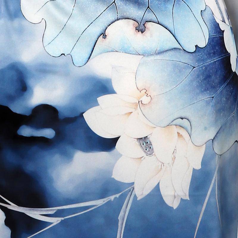 Women's Short Silk Kimono Robe Lotus Leaves & White Lotus Flowers Ink Painting Silk Nightdress - slipintosoft